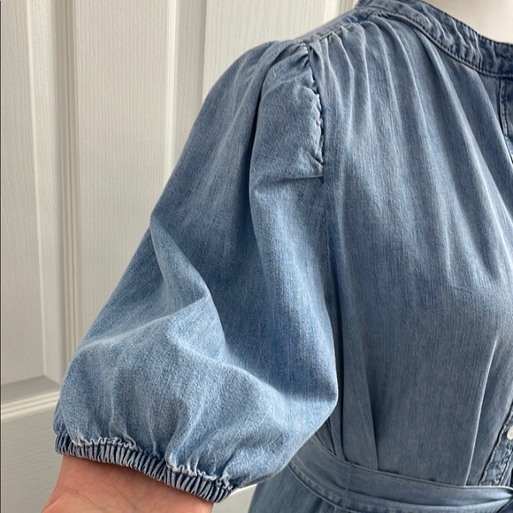 GAP Mini Dress Puff Sleeve Mock Neck Lt Wash Indigo Relaxed Fit Tie Belt Size S - Picture 3 of 13